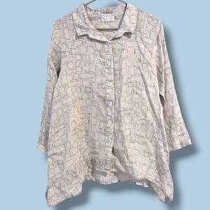 Habitat Grey Geometric 100% Linen Relaxed Long Sleeve Button-Up Shirt Lagenlook